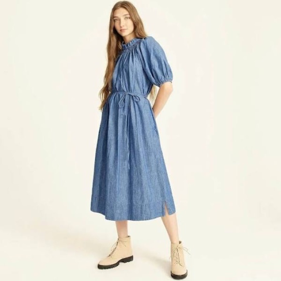 J. Crew Dresses & Skirts - NWT J. Crew Smocked-Neck Puff-Sleeve Chambray Midi Dress - Size M